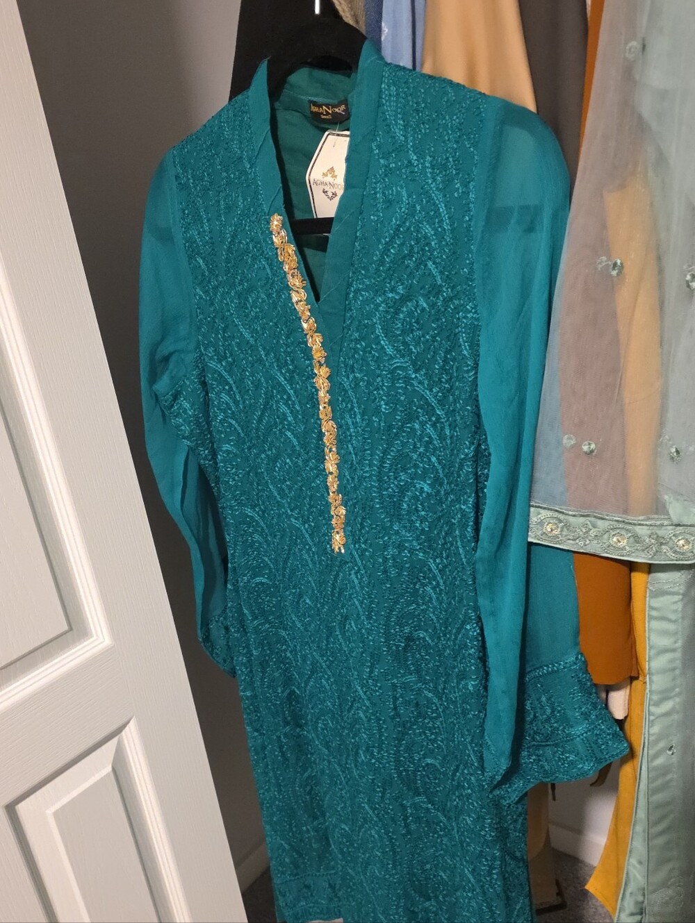Embroidered Teal Women's Wedding Dress with Gold Accent